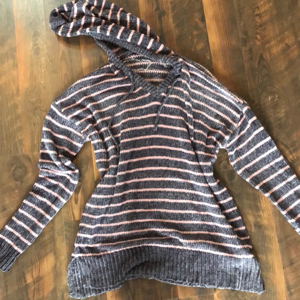 Pink and navy hooded chenille sweater